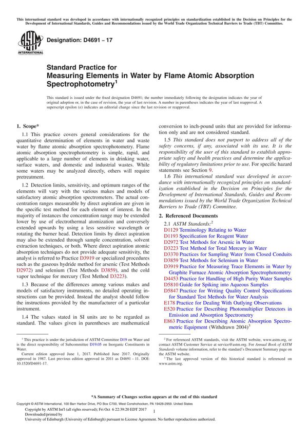 ASTM D4691-17 Standard Practice for Measuring Elements in Water by Flame Atomic Absorption Spectrophotometry