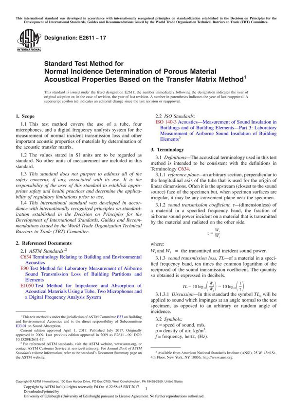 ASTM E2611-17 Standard Test Method for Normal Incidence Determination of Porous Material Acoustical Properties Based on the Tran
