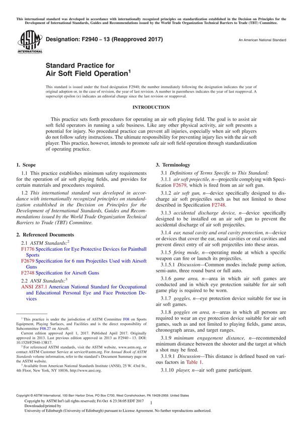 ASTM F2940-13(2017) Standard Practice for Air Soft Field Operation