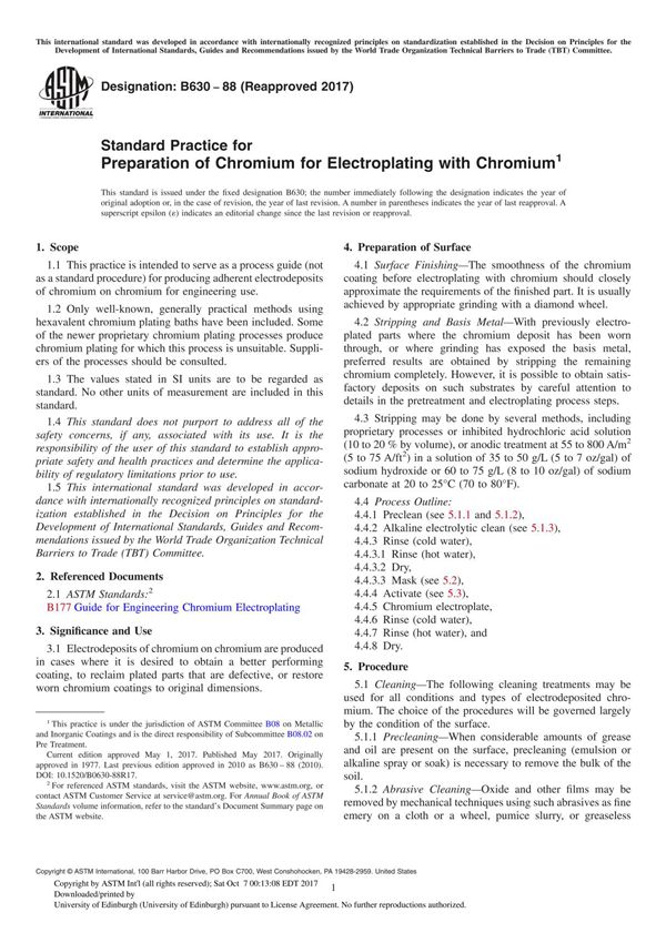 ASTM B630-88(2017) Standard Practice for Preparation of Chromium for Electroplating with Chromium