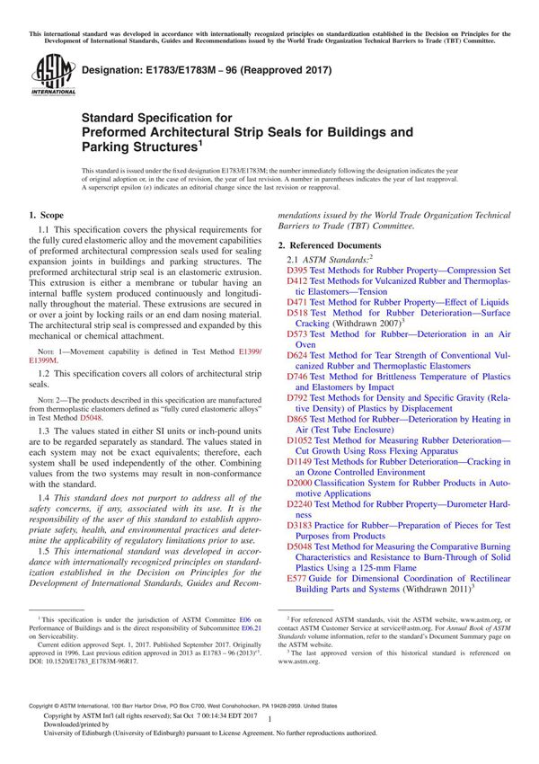 ASTM E1783 E1783M-96(2017) Standard Specification for Preformed Architectural Strip Seals for Buildings and Parking Structure