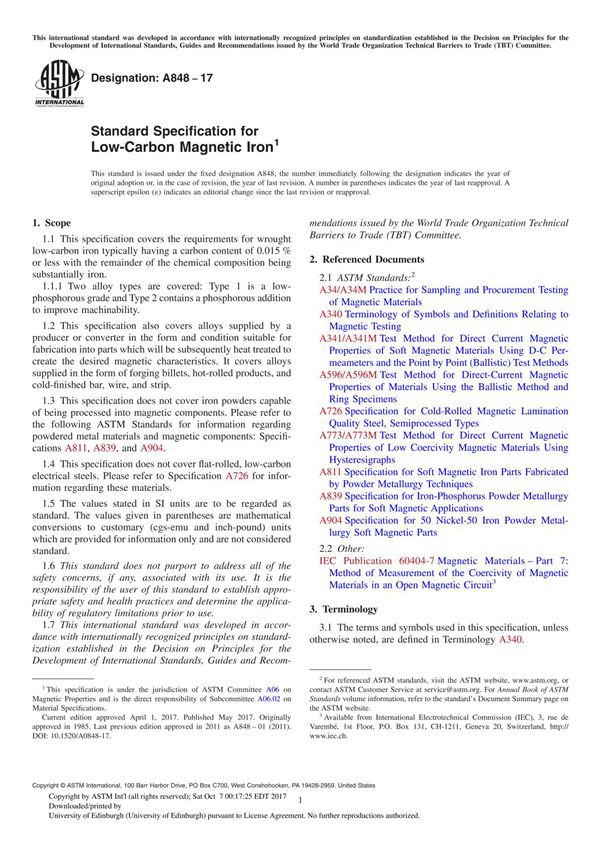 ASTM A848-17 Standard Specification for Low-Carbon Magnetic Iron
