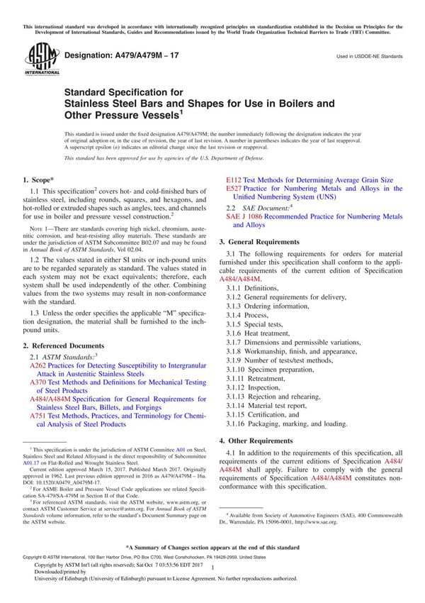 ASTM A479A479M-17 Standard Specification for Stainless Steel Bars and Shapes for Use in Boilers and Other Pressure Vessel
