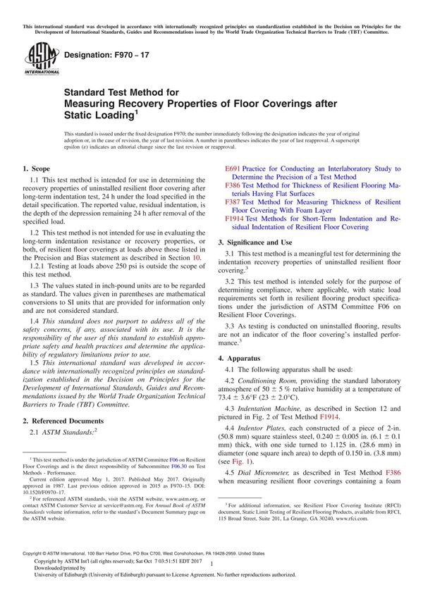 ASTM F970-17 Standard Test Method for Measuring Recovery Properties of Floor Coverings after Static Loading