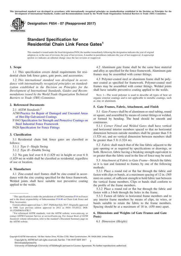 ASTM F654-07(2017) Standard Specification for Residential Chain Link Fence Gate