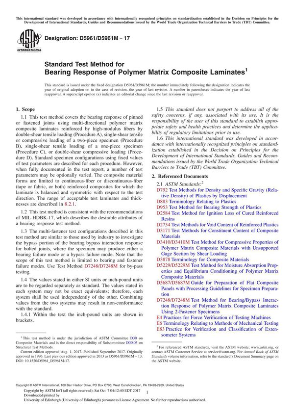 ASTM D5961 D5961M-17 Standard Test Method for Bearing Response of Polymer Matrix Composite Laminate