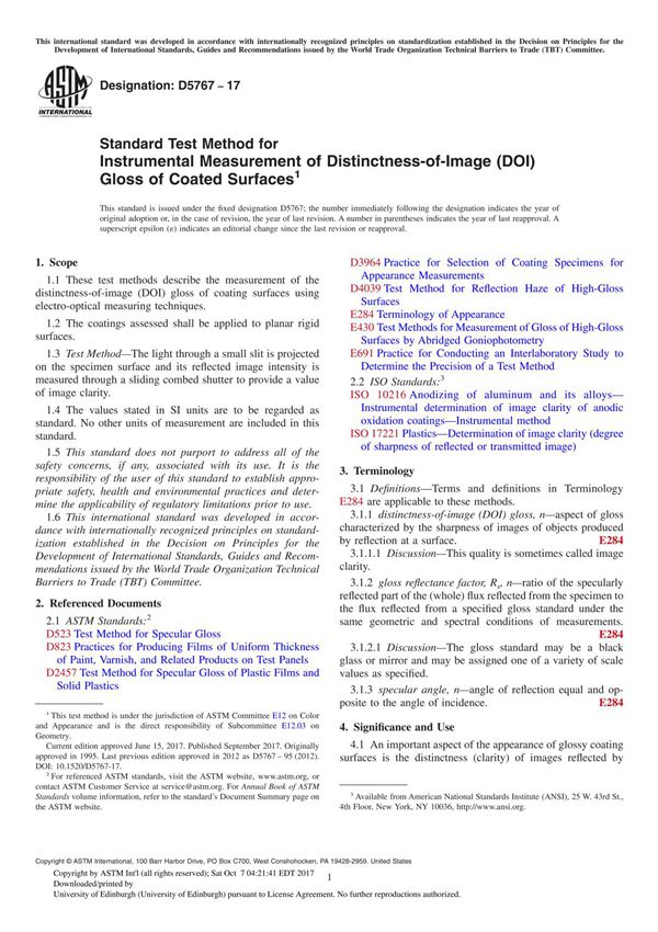 ASTM D5767-17 Standard Test Method for Instrumental Measurement of Distinctness-of-Image (DOI) Gloss of Coated Surface