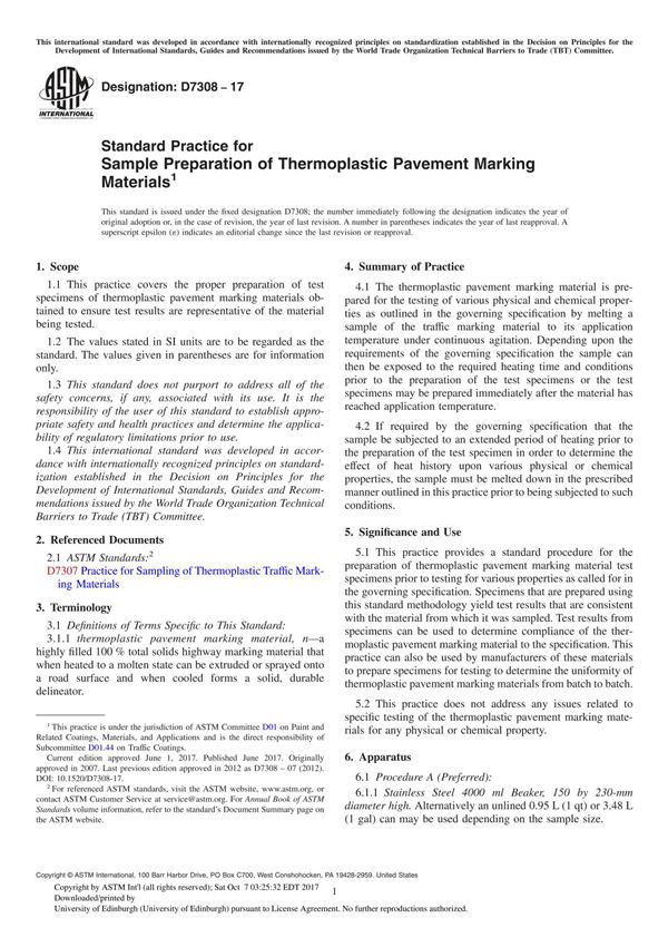 ASTM D7308-17 Standard Practice for Sample Preparation of Thermoplastic Pavement Marking Material