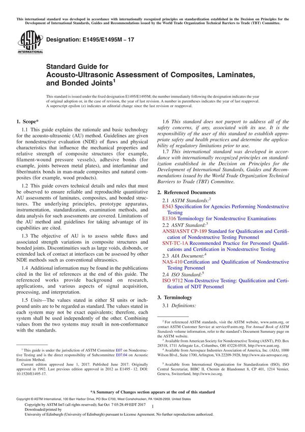 ASTM E1495E1495M-17 Standard Guide for Acousto-Ultrasonic Assessment of Composites, Laminates, and Bonded Joint