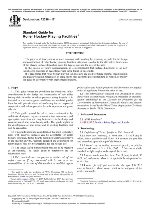 ASTM F2336-17 Standard Guide for Roller Hockey Playing Facilitie