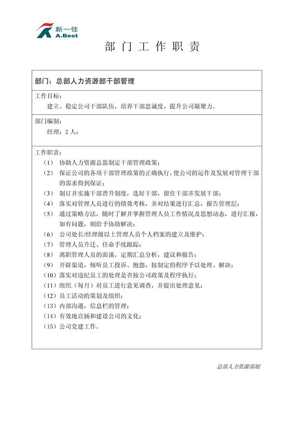 干部管理部门工作职责