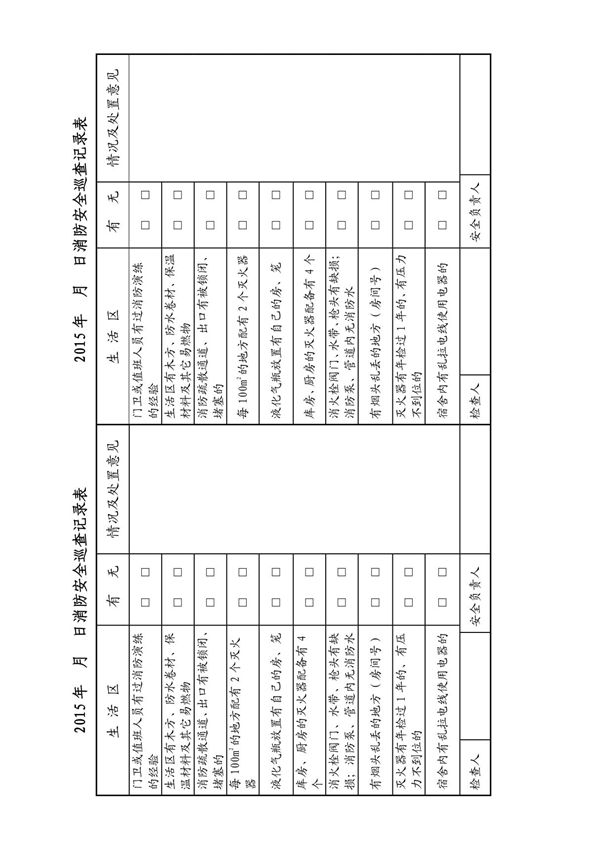 生活区消防安全检查记录表