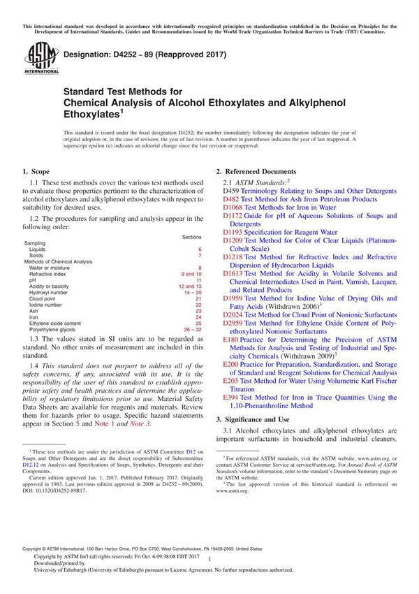 ASTM D4252-89(2017) Standard Test Methods for Chemical Analysis of Alcohol Ethoxylates and Alkylphenol Ethoxylate