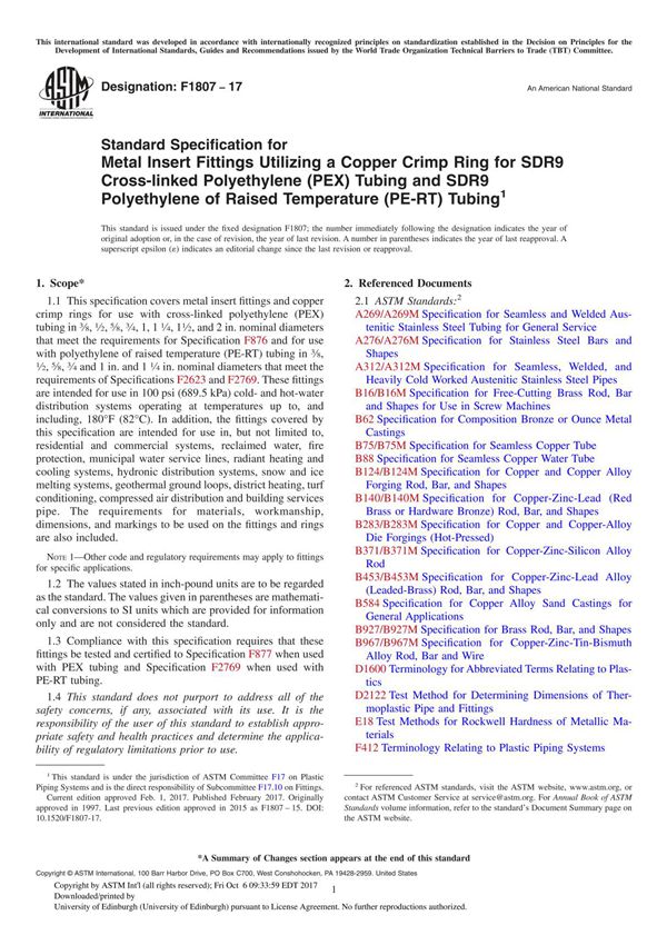 ASTM F1807-17 Standard Specification for Metal Insert Fittings Utilizing a Copper Crimp Ring for SDR9 Cross-linked Polyethylene