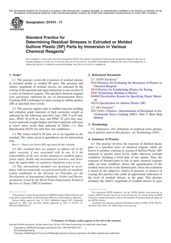 ASTM D7474-17 Standard Practice for Determining Residual Stresses in Extruded or Molded Sulfone Plastic (SP) Parts by Immersion