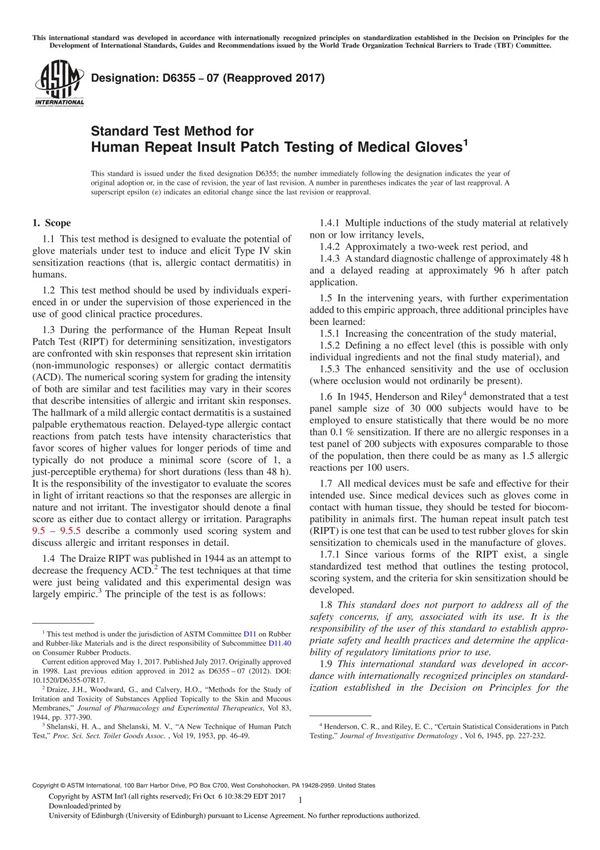 ASTM D6355-07(2017) Standard Test Method for Human Repeat Insult Patch Testing of Medical Glove