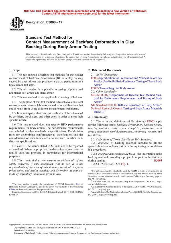ASTM E3068 - 17 Standard Test Method for Contact Measurement of Backface Deformation in Clay Backing During Body Armor Testing