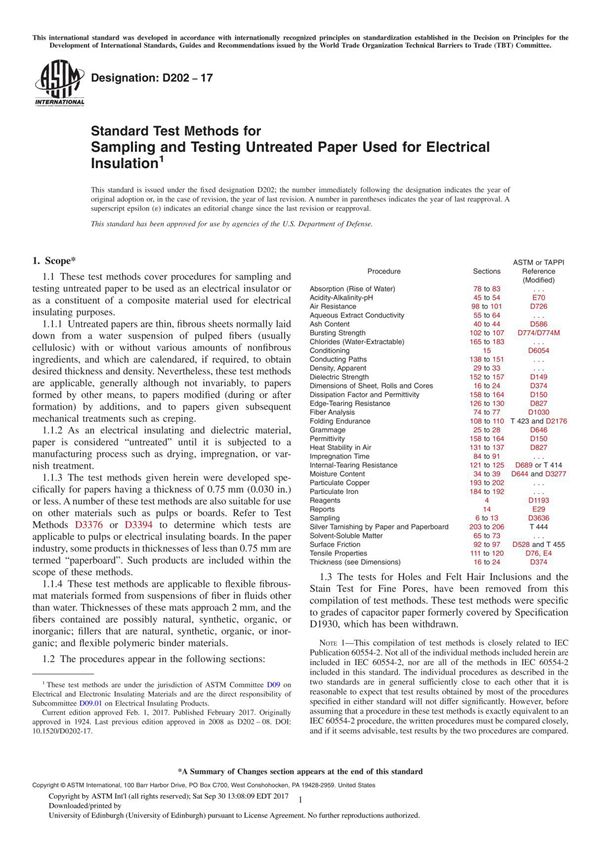 ASTM D202-17 Standard Test Methods for Sampling and Testing Untreated Paper Used for Electrical Insulation