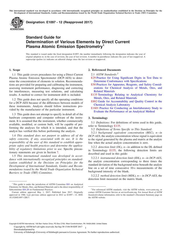 ASTM E1097-12(2017) Standard Guide for Determination of Various Elements by Direct Current Plasma Atomic Emission Spectrometry