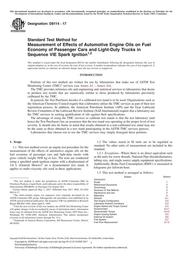 ASTM D8114-17 Standard Test Method for Measurement of Effects of Automotive Engine Oils on Fuel Economy of Passenger Cars and Li