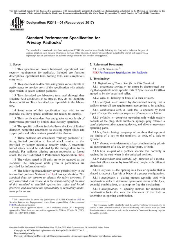 ASTM F2348-04(2017) Standard Performance Specification for Privacy Padlock