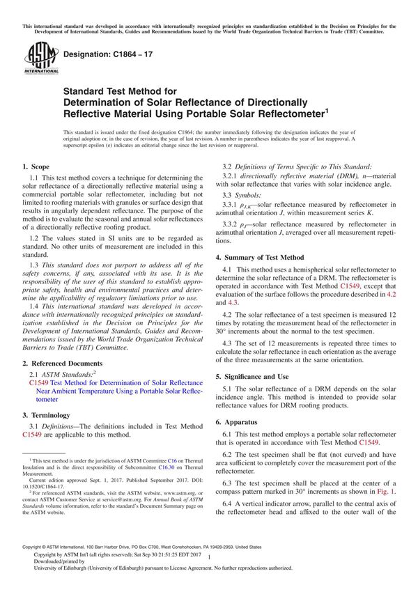 ASTM C1864-17 Standard Test Method for Determination of Solar Reflectance of Directionally Reflective Material Using Portable So