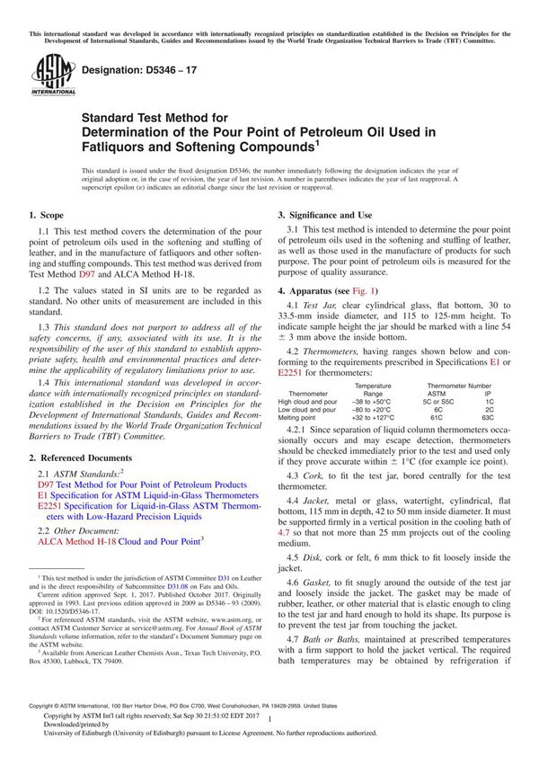 ASTM D5346-17 Standard Test Method for Determination of the Pour Point of Petroleum Oil Used in Fatliquors and Softening Compoun
