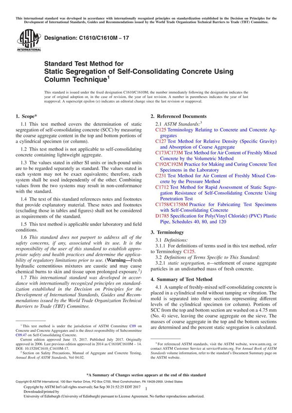ASTM C1610 C1610M-17 Standard Test Method for Static Segregation of Self-Consolidating Concrete Using Column Technique