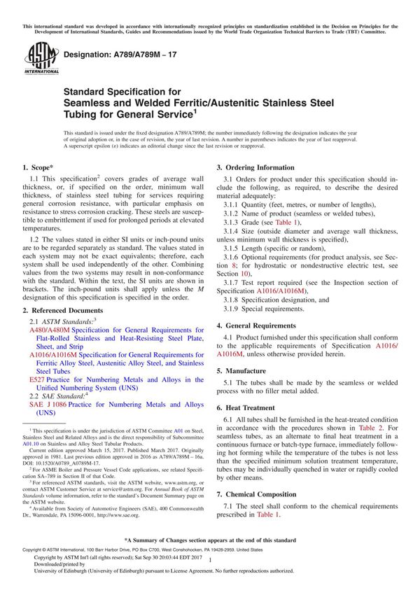 ASTM A789 A789M-17 Standard Specification for Seamless and Welded FerriticAustenitic Stainless Steel Tubing for General Service