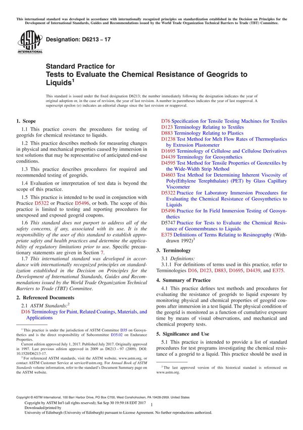 ASTM D6213-17 Standard Practice for Tests to Evaluate the Chemical Resistance of Geogrids to Liquid