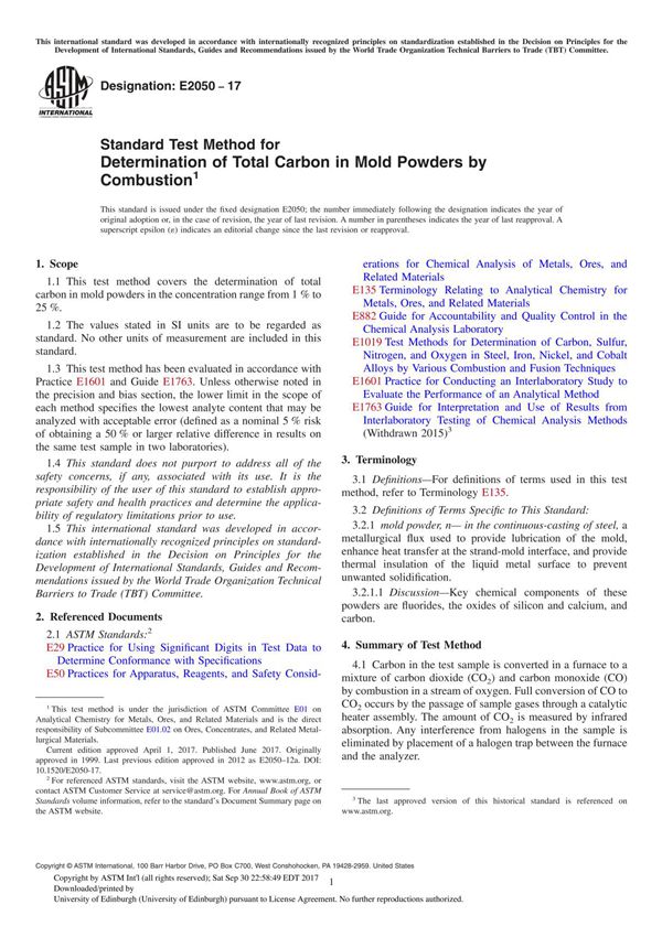 ASTM E2050-17 Standard Test Method for Determination of Total Carbon in Mold Powders by Combustion