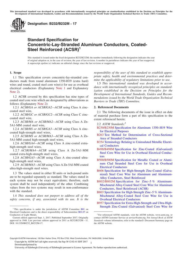 ASTM B232B 232M-17 Standard Specification for Concentric-Lay-Stranded Aluminum Conductors, Coated-Steel Reinforced (ACSR)