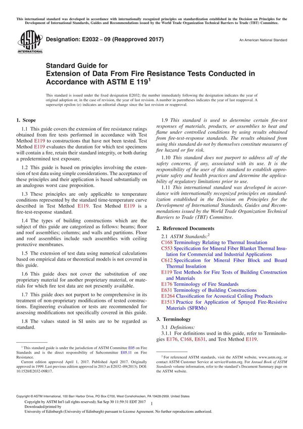 ASTM E2032-09(2017) Standard Guide for Extension of Data From Fire Resistance Tests Conducted in Accordance with ASTM E119
