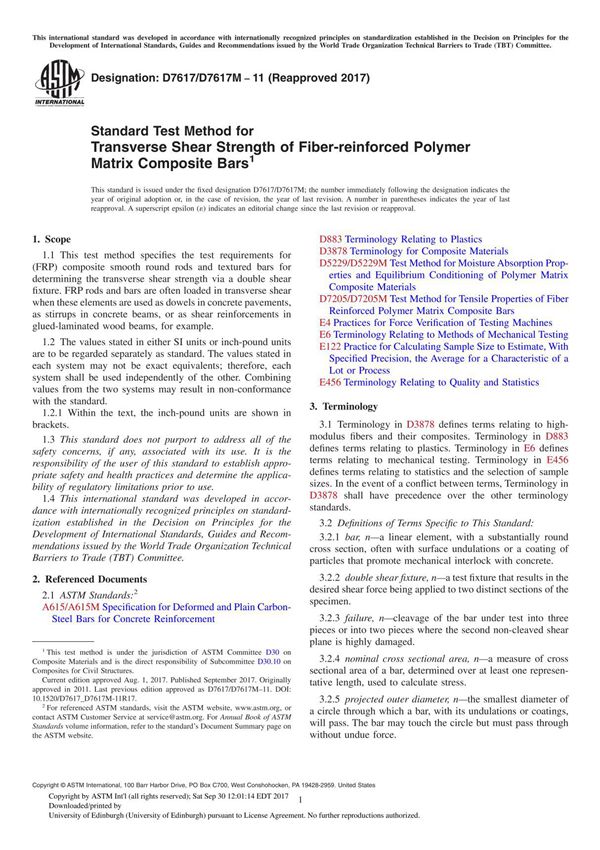 ASTM D7617D7617M-11(2017) Standard Test Method for Transverse Shear Strength of Fiber-reinforced Polymer Matrix Composite Bar