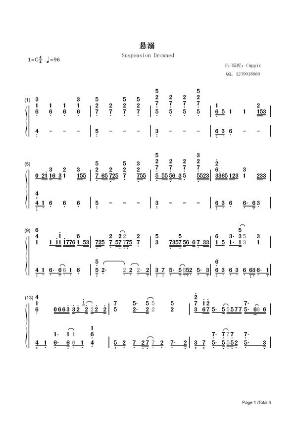 钢琴谱 悬溺-So funny Ya i ya i ya i ya i ya i ya i ya-抖音热歌 双手简谱 共4张(全)