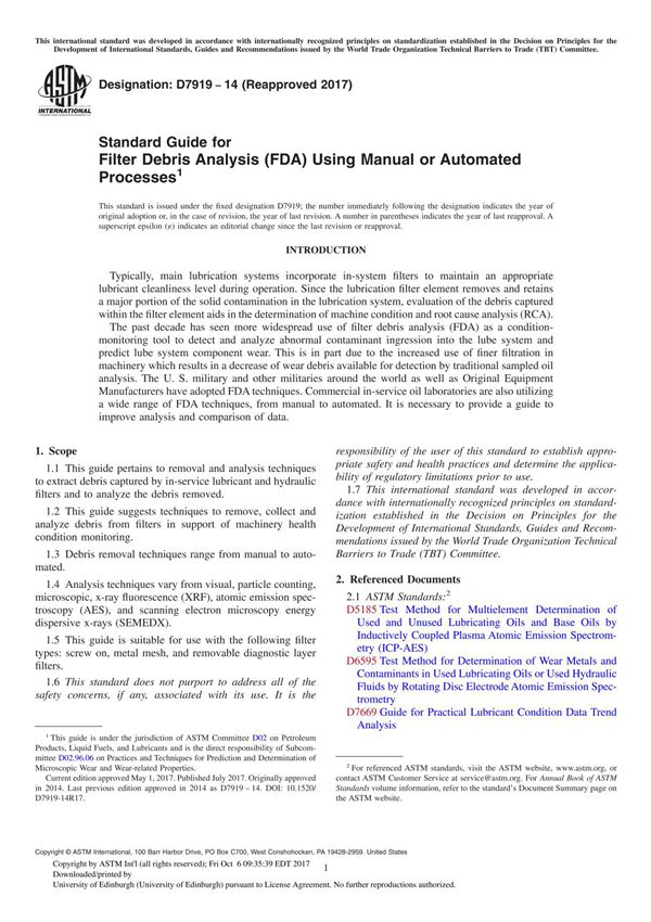 ASTM D7919-14(2017) Standard Guide for Filter Debris Analysis (FDA) Using Manual or Automated Processe
