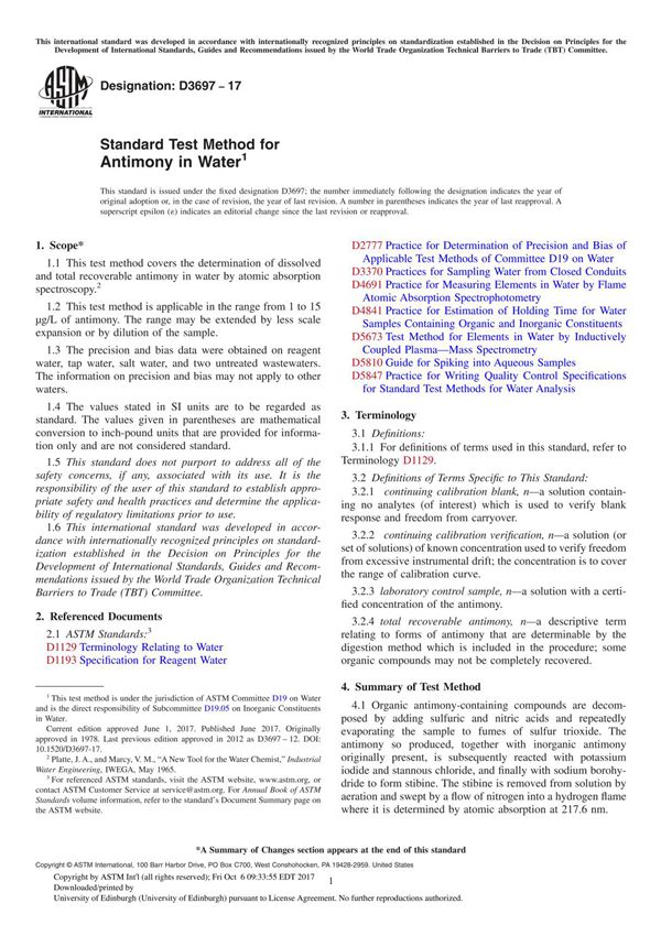 ASTM D3697-17 Standard Test Method for Antimony in Water