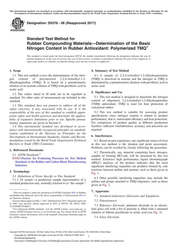 ASTM D5376-06(2017) Standard Test Method for Rubber Compounding MaterialsDetermination of the Basic Nitrogen Content in Rubber