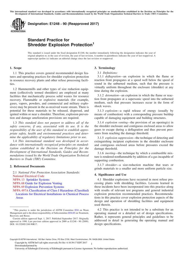 ASTM E1248-90(2017) Standard Practice for Shredder Explosion Protection