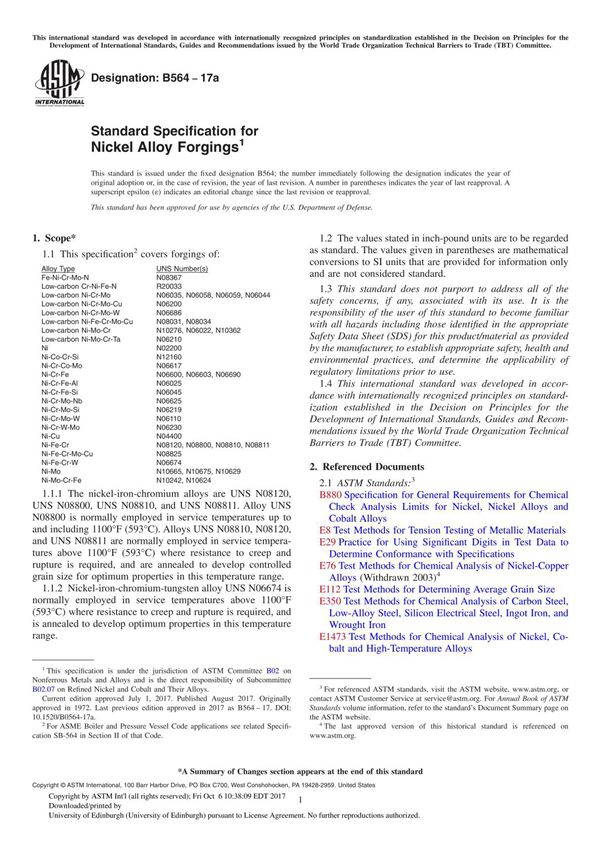 ASTM B564-17a Standard Specification for Nickel Alloy Forging