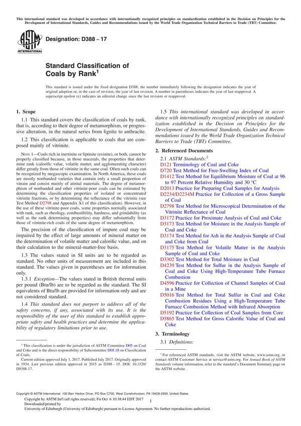 ASTM D388-17 Standard Classification of Coals by Rank
