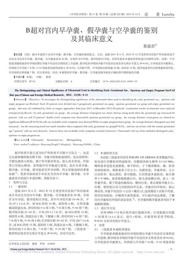 B超对宫内早孕囊 假孕囊与空孕囊的鉴别及其临床意义
