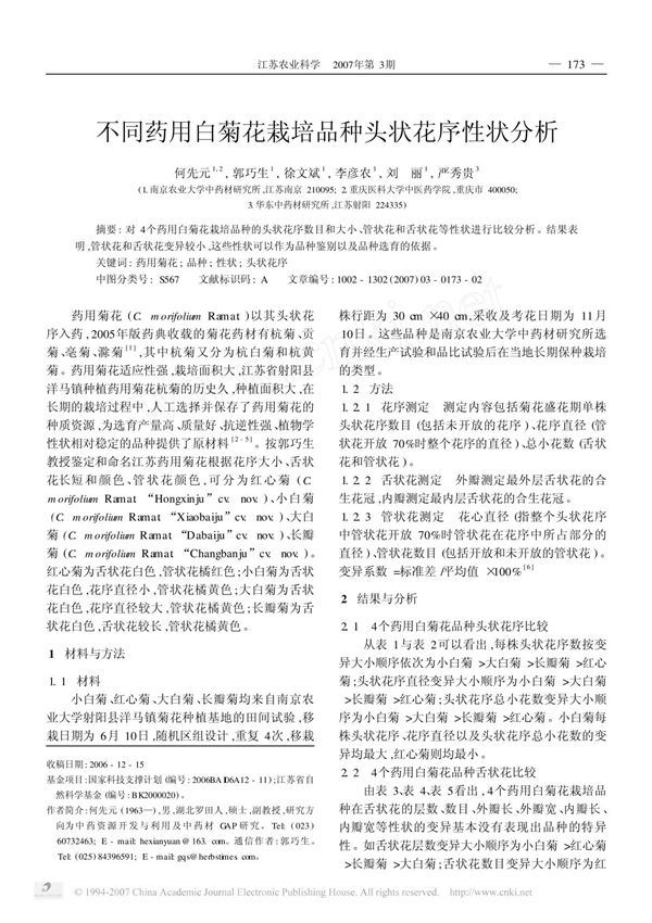 不同药用白菊花栽培品种头状花序性状分析