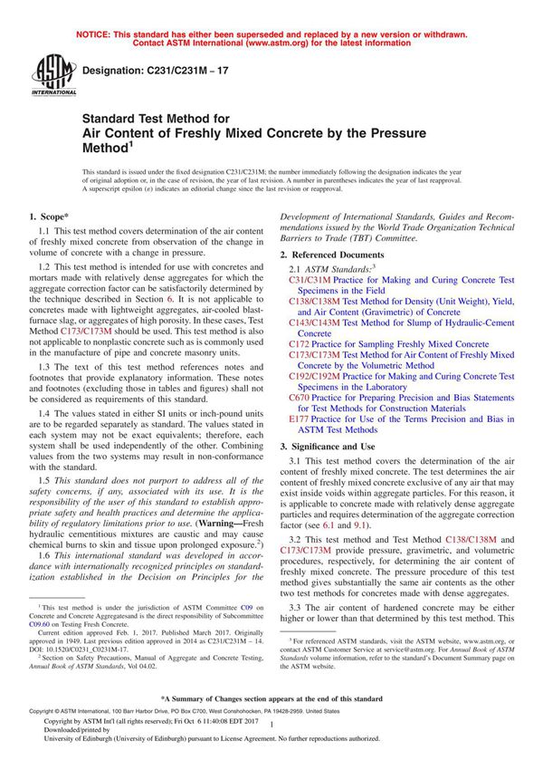 ASTM C231 C231M - 17 Standard Test Method for Air Content of Freshly Mixed Concrete by the Pressure Method