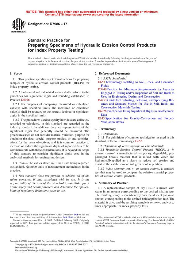 ASTM D7986 - 17 Standard Practice for Preparing Specimens of Hydraulic Erosion Control Products for Index Property Testing