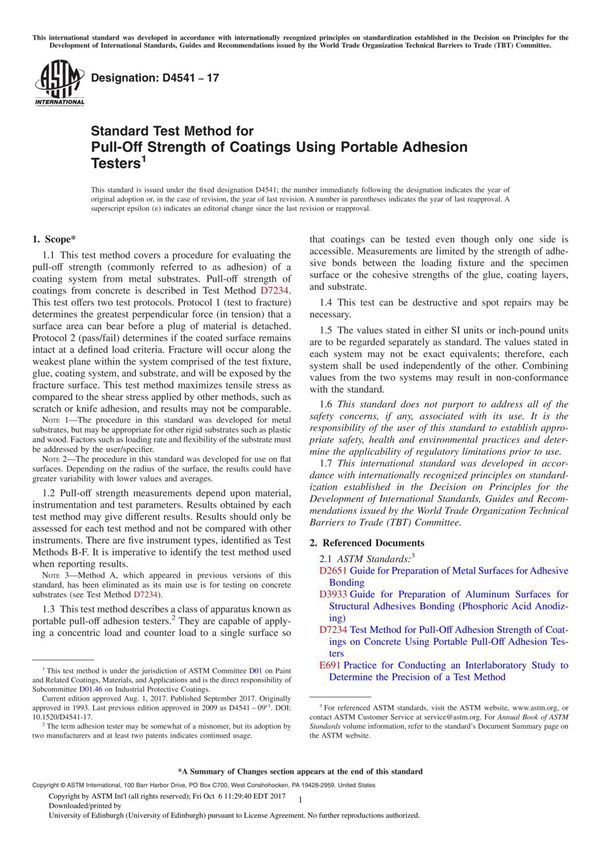 ASTM D4541-17 Standard Test Method for Pull-Off Strength of Coatings Using Portable Adhesion Tester