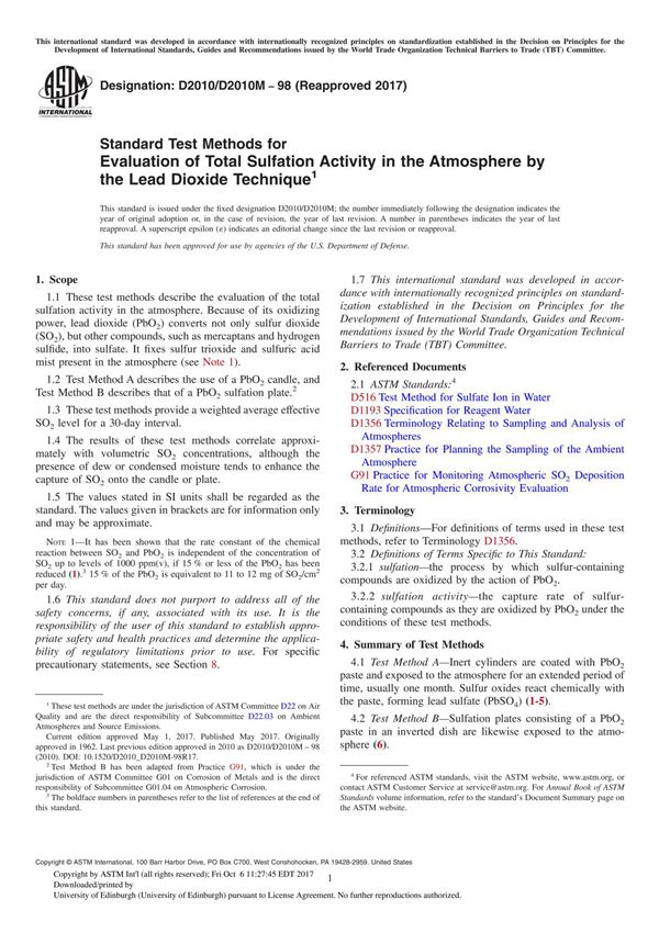 ASTM D2010 D2010M-98(2017) Standard Test Methods for Evaluation of Total Sulfation Activity in the Atmosphere by the Lead Dioxid