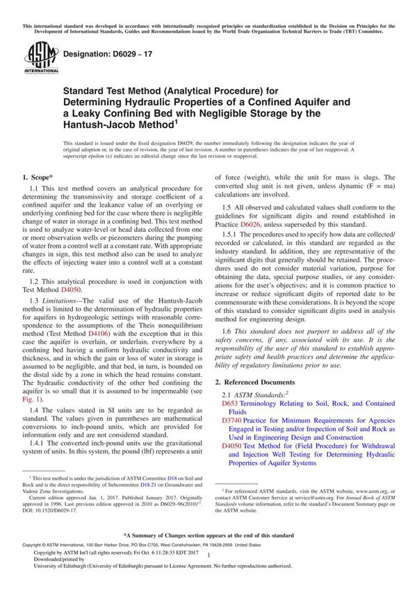 ASTM D6029-17 Standard Test Method (Analytical Procedure) for Determining Hydraulic Properties of a Confined Aquifer and a Leaky