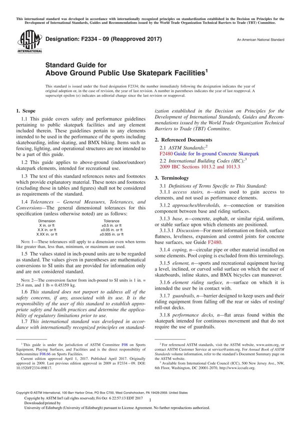 ASTM F2334-09(2017) Standard Guide for Above Ground Public Use Skatepark Facilitie