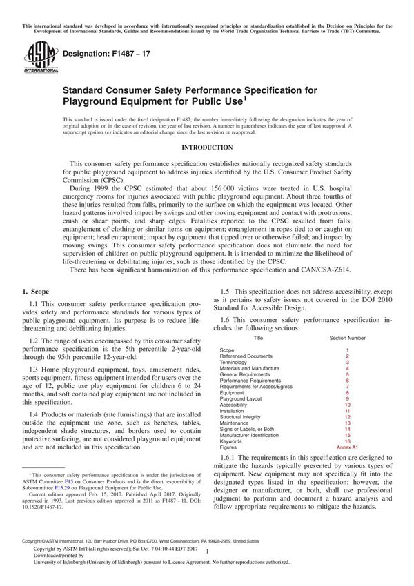 ASTM F1487-17 Standard Consumer Safety Performance Specification for Playground Equipment for Public Use